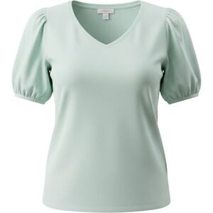 A New Day Top Womens S Mint Green Puff Sleeve V Neck Short Sleeve Casual Shirt